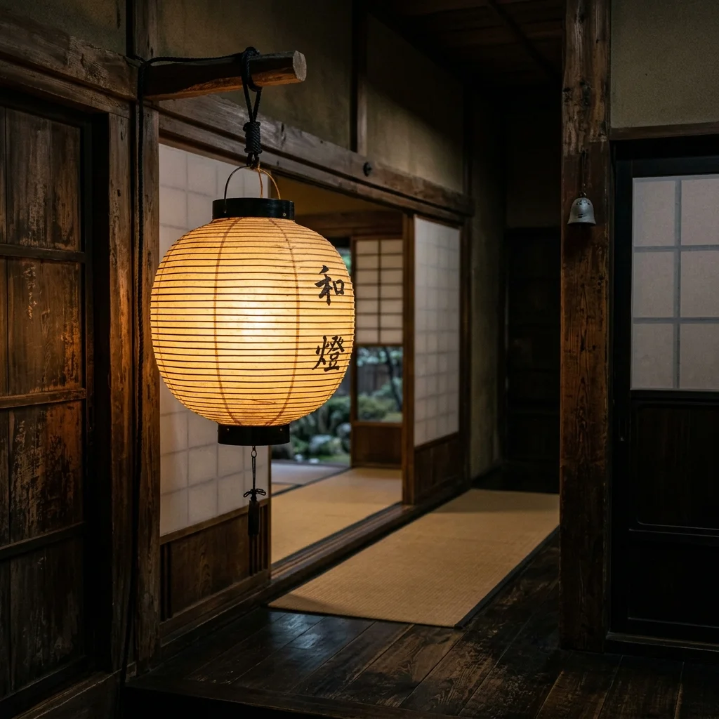 A traditional Japanese paper lantern casting a warm golden glow in a dark ryokan corridor.