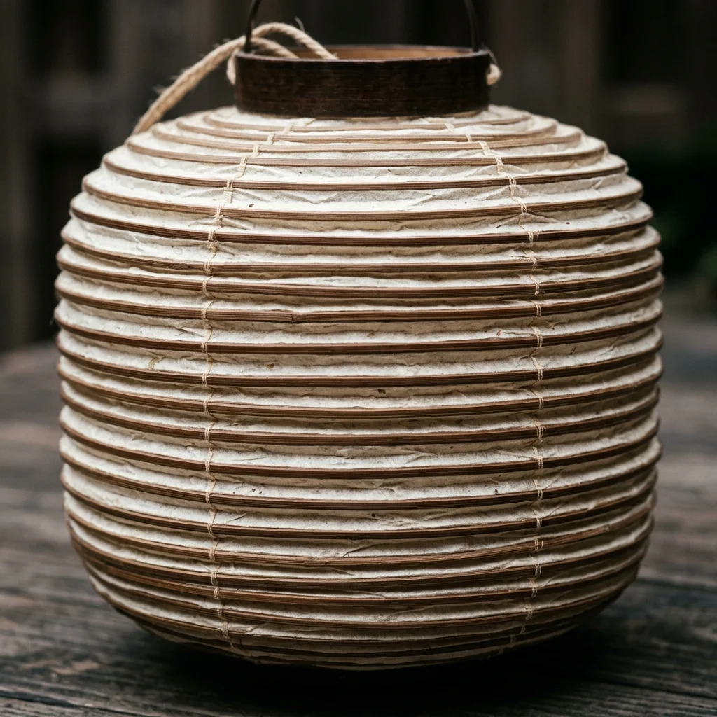 A close-up of a folded traditional Japanese paper lantern showing the concentric bamboo ribs and accordion pleats.