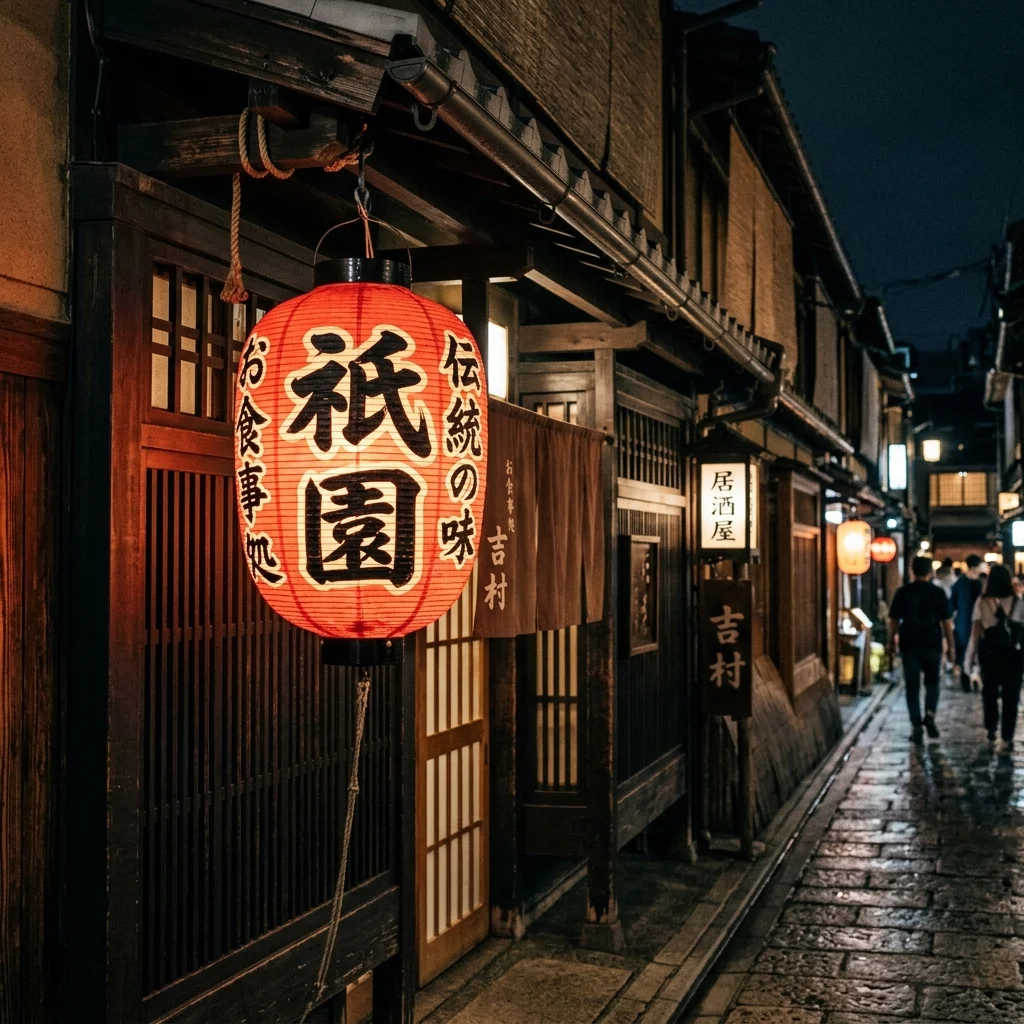 A night photograph of a large traditional red paper lantern hanging in Kyoto Gion.
