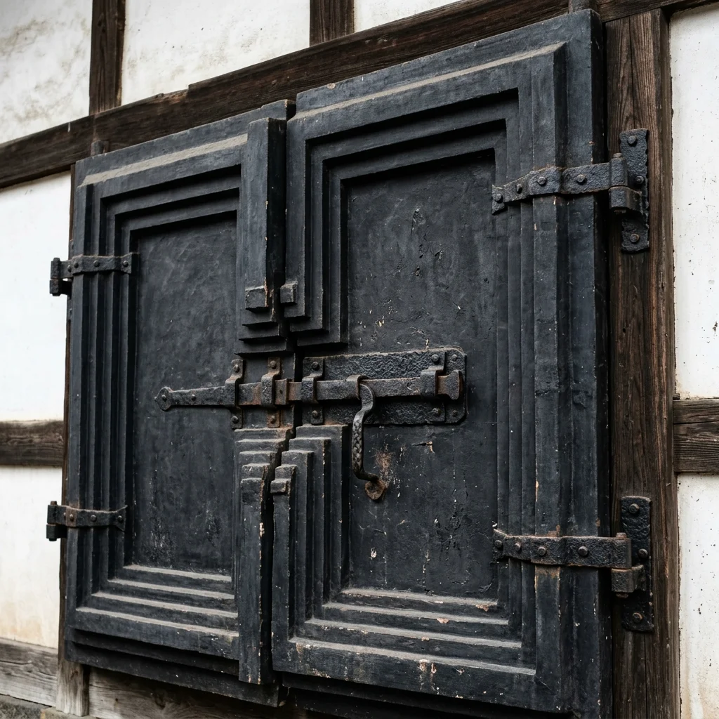 A close-up of a heavy, thick black-plaster fireproof double door of a traditional Japanese storehouse.