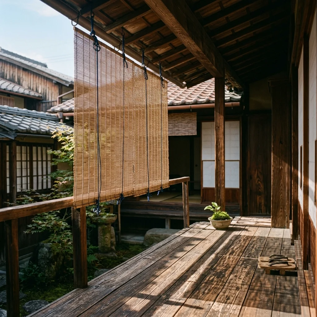 A close-up of a traditional Japanese townhouse summer sudare screen hanging from wooden eaves.
