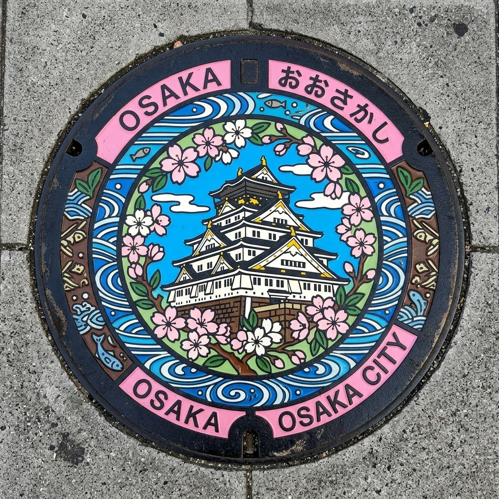 A vibrant, hand-painted colored manhole cover in Osaka featuring Osaka Castle.