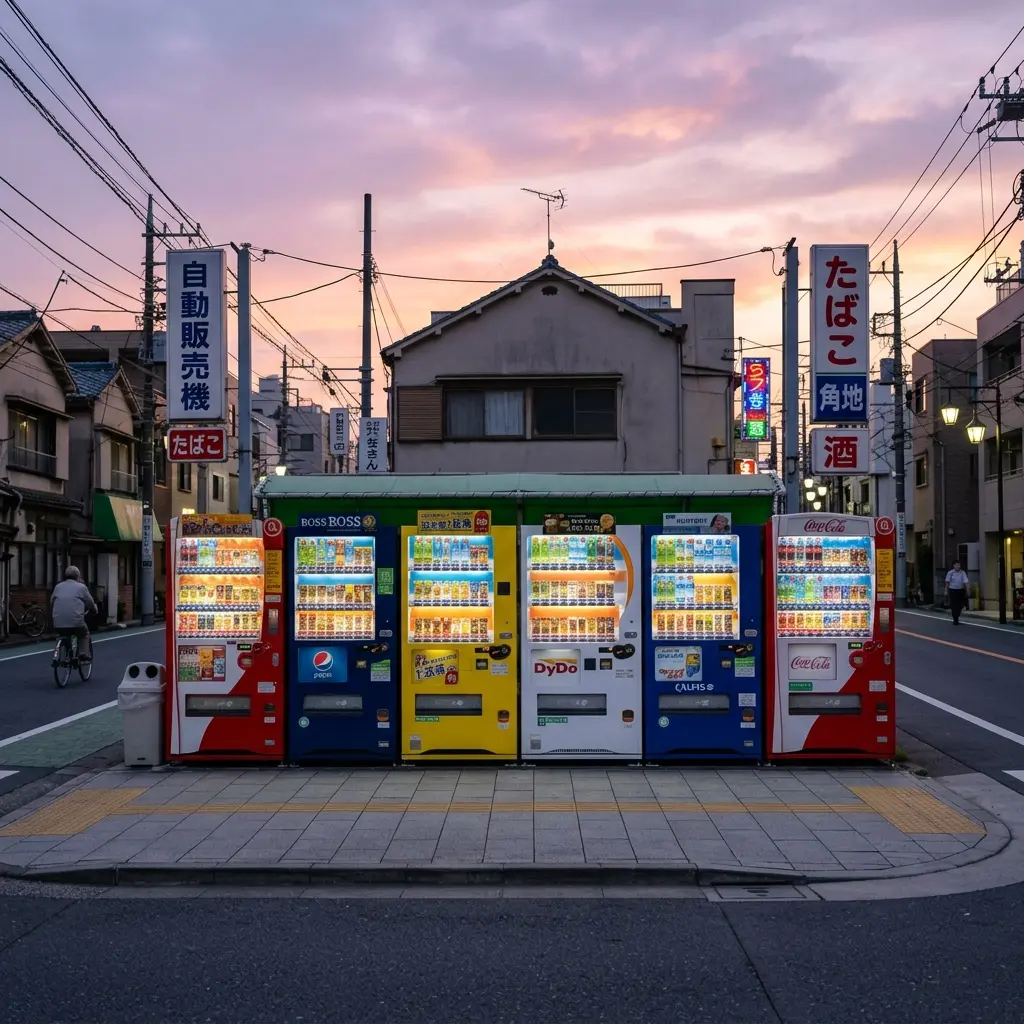 Row of colorful Japanese vending machines on a quiet Tokyo street corner at dusk