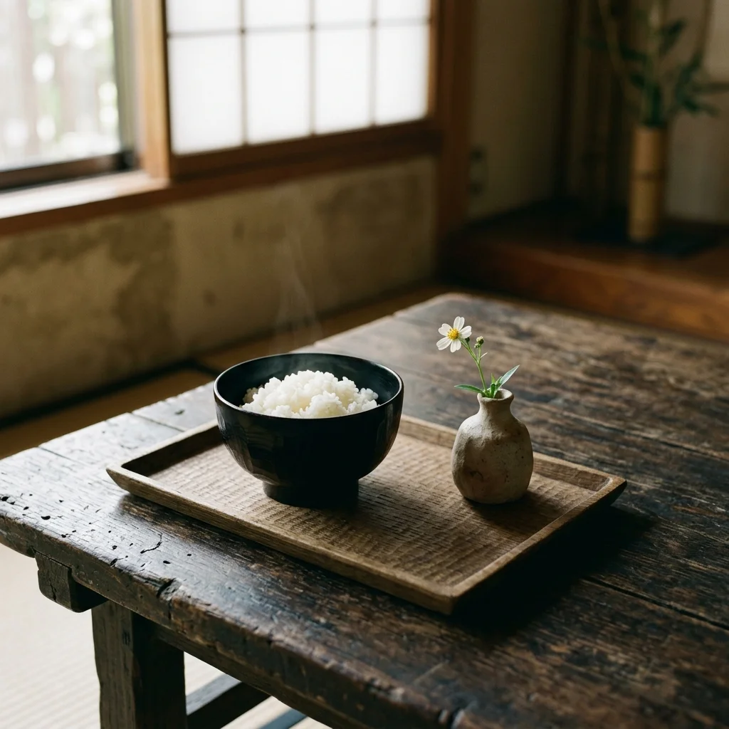 A minimalist Zen wooden tray holding a single black lacquer bowl of rice next to a tiny white wildflower in a small clay vase.