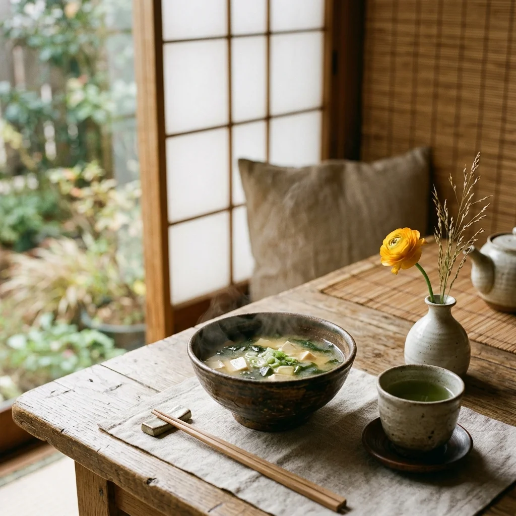 A cozy morning scene of a simple Japanese wooden breakfast table.