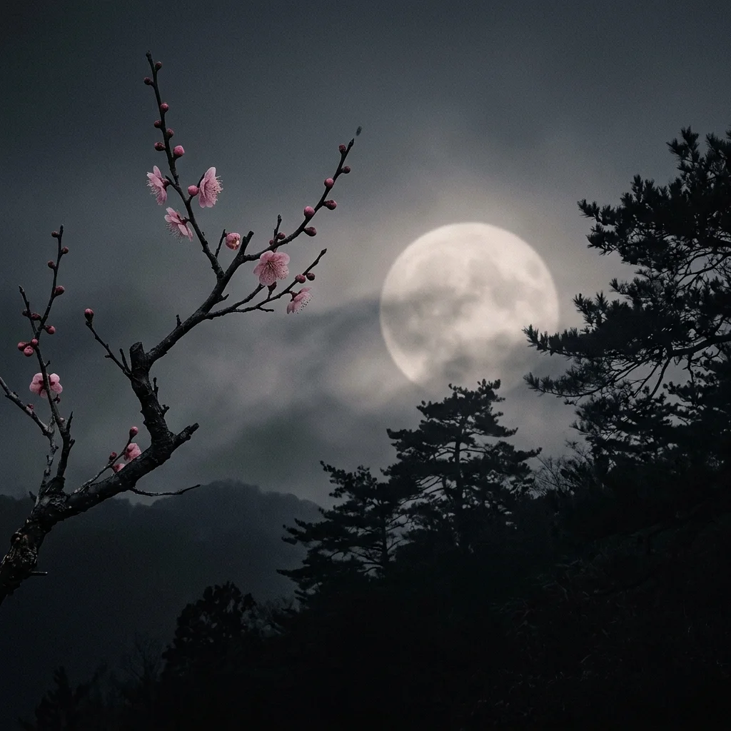 A single pink plum blossom branch silhouetted against a soft, misty circular full moon in a dark gray twilight sky.