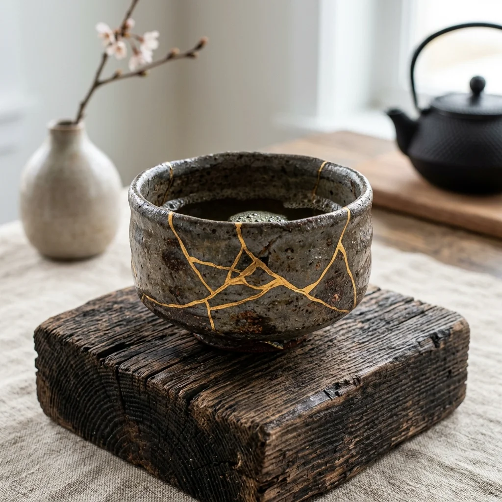 A highly textured, cracked ceramic tea bowl beautifully restored with pure gold powder lacquer resting on weathered timber.