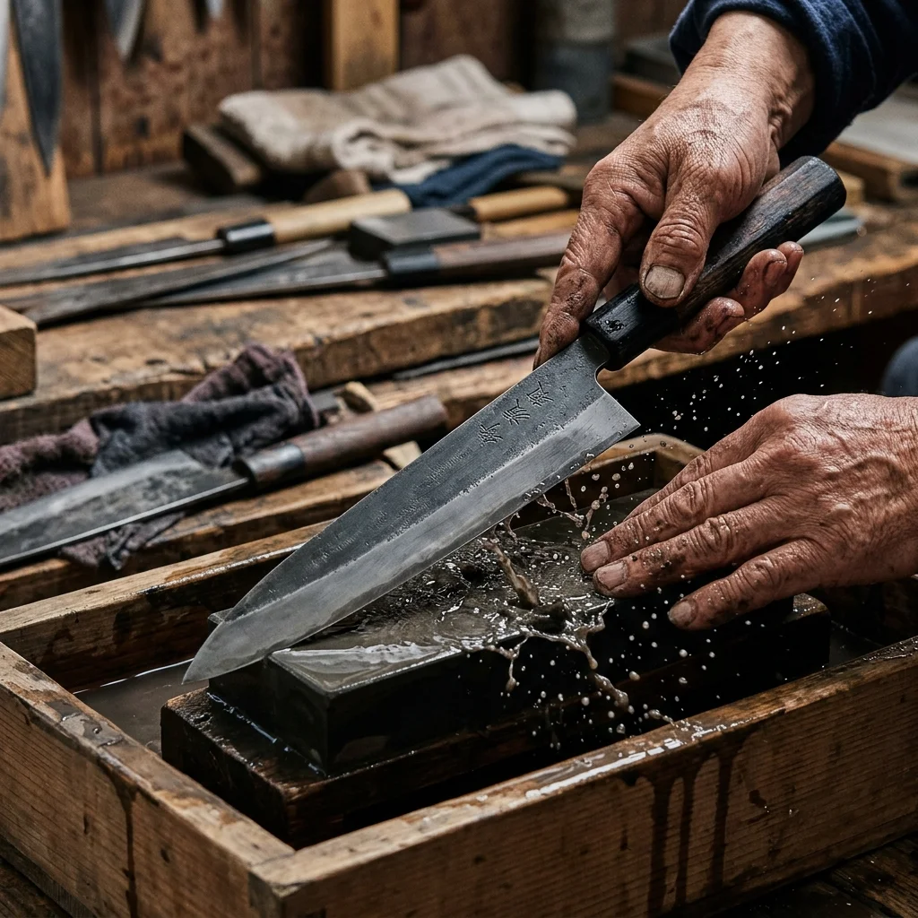 Craftsman's hands sharpening a carbon steel Yanagiba knife on a wet whetstone.