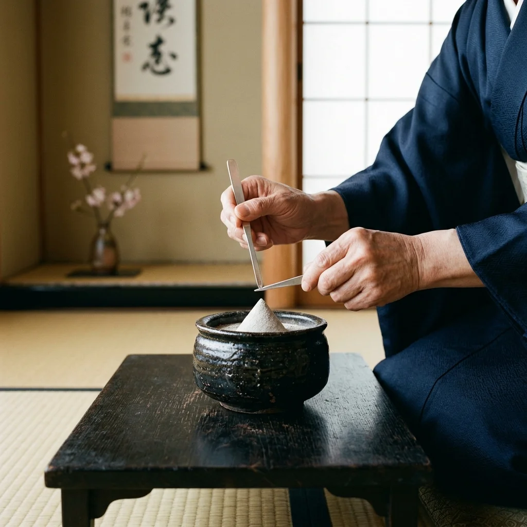A close-up of a master's hands using delicate flat silver tools to shape a tiny, perfect ash pyramid inside a dark ceramic burner.