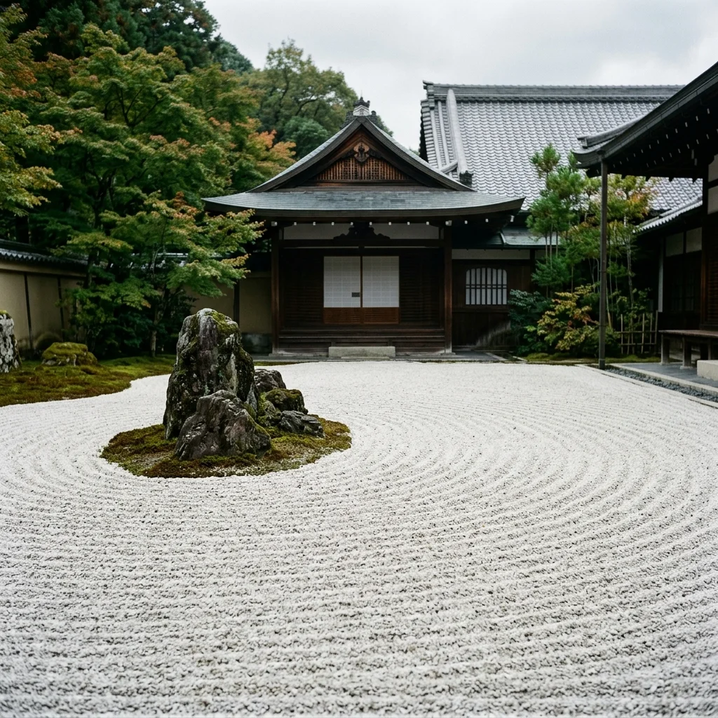A symmetrical, majestic view of a Zen rock garden in Kyoto showing a weathered mossy stone surrounded by raked white sand ripples.