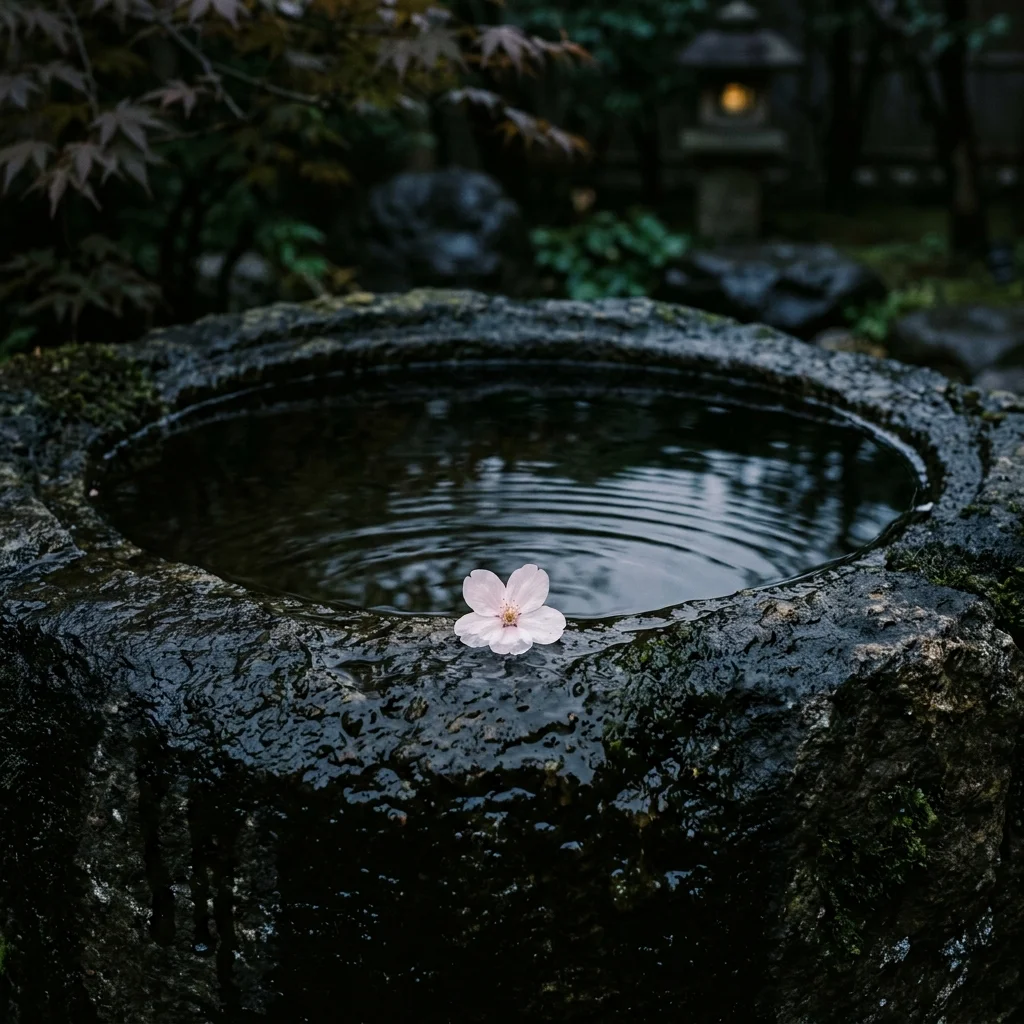 A single pale cherry blossom petal resting on the dark, wet surface of a hand-carved stone water basin.