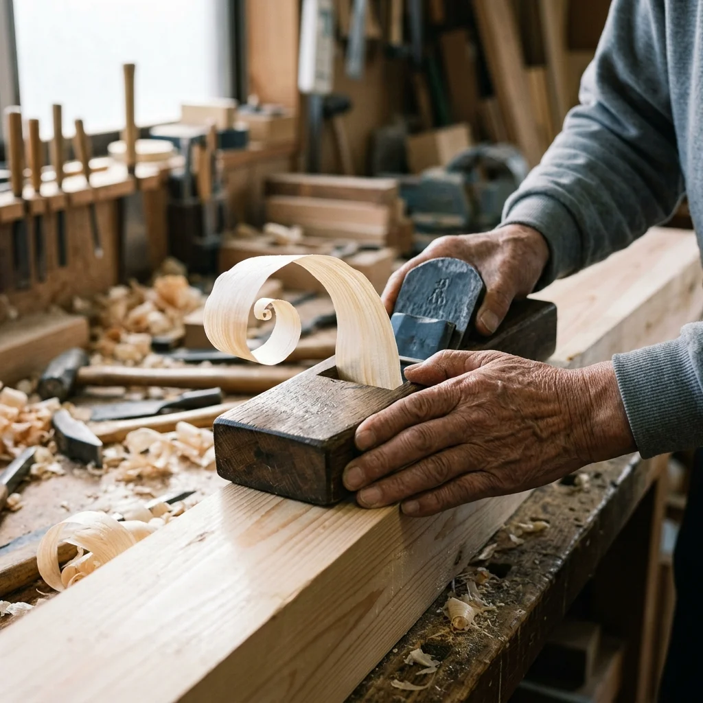 A close-up of a master woodworker's hands drawing a traditional wooden hand plane (kanna) along a spruce timber, peeling a continuous, paper-thin wood ribbon.