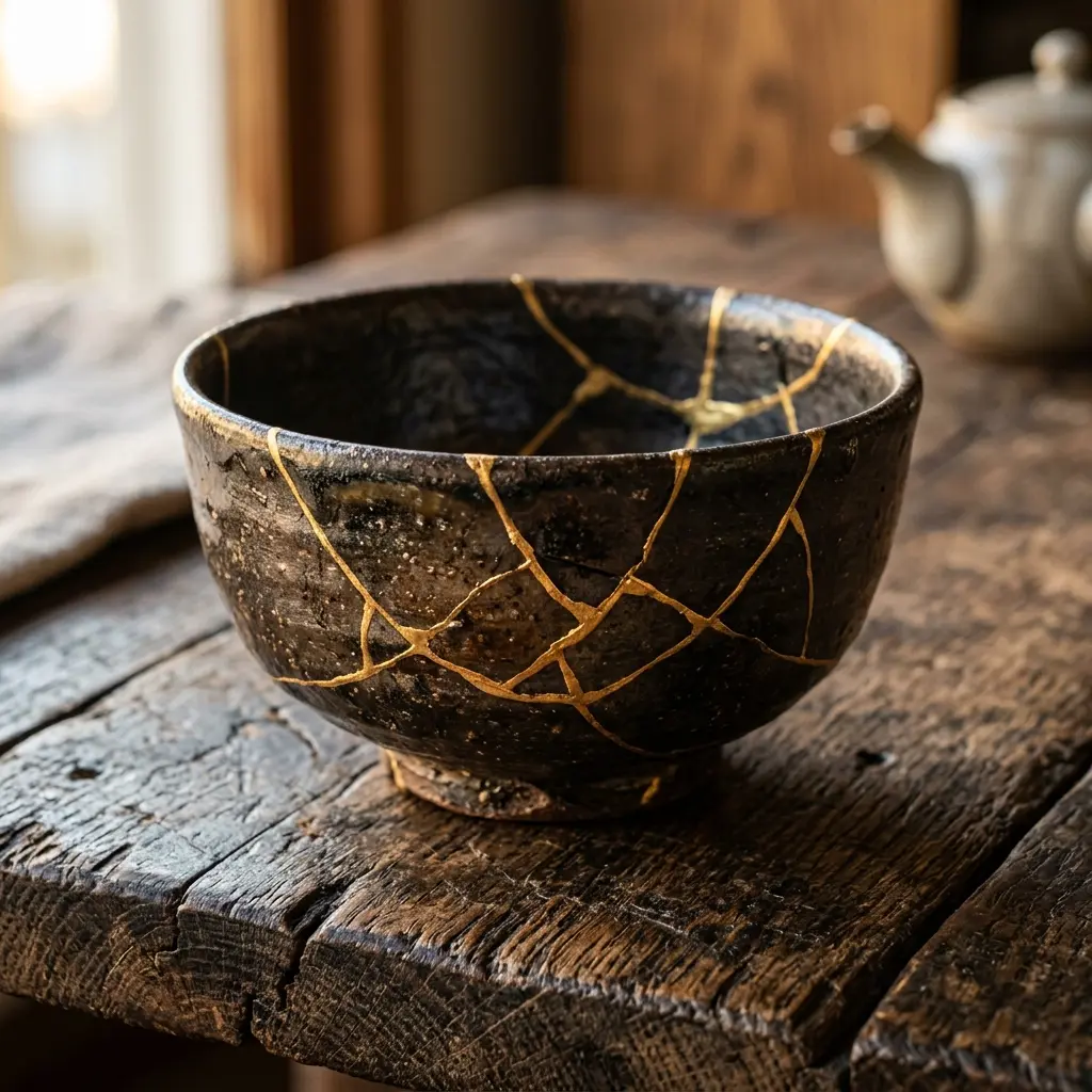 A beautifully repaired traditional ceramic bowl using golden joinery or Kintsugi, showing mindful reuse.
