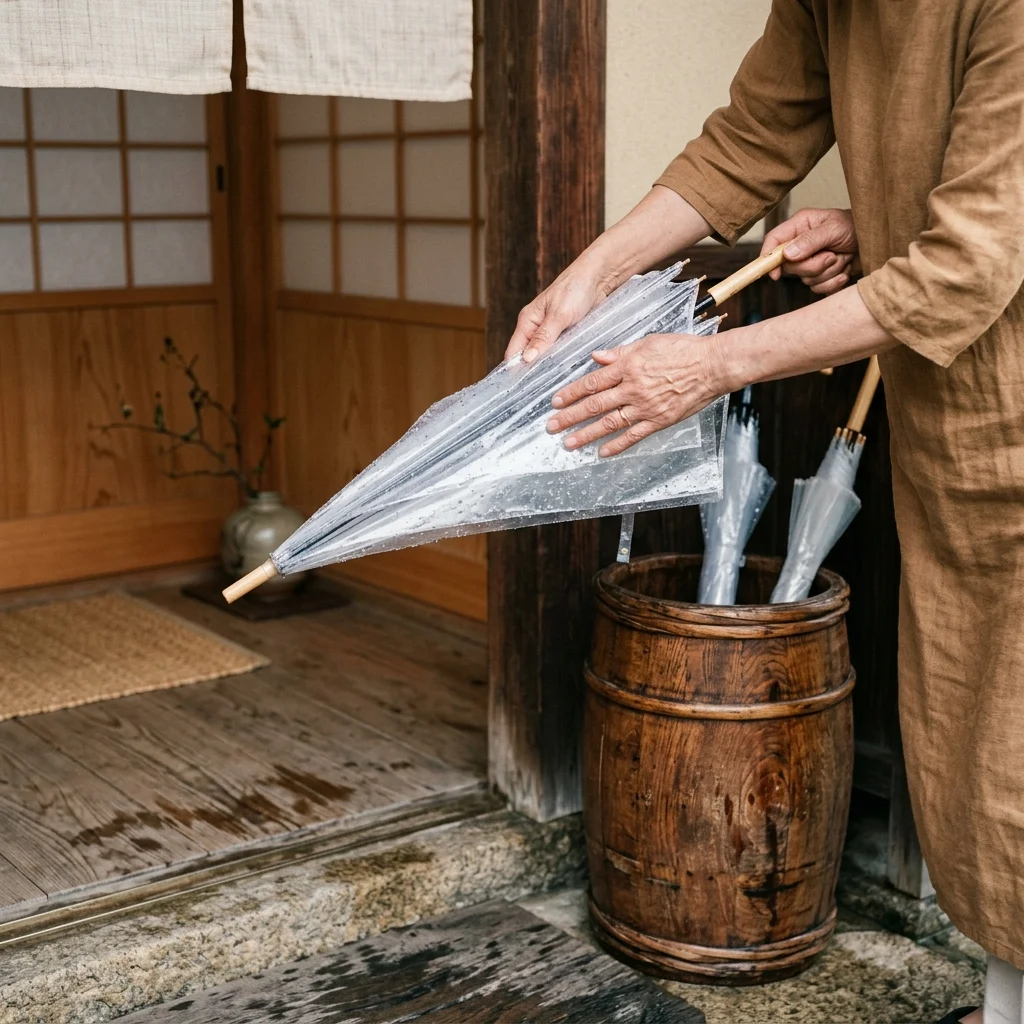 Hands gently brushing rain droplets off a translucent umbrella at the entrance of a traditional home.