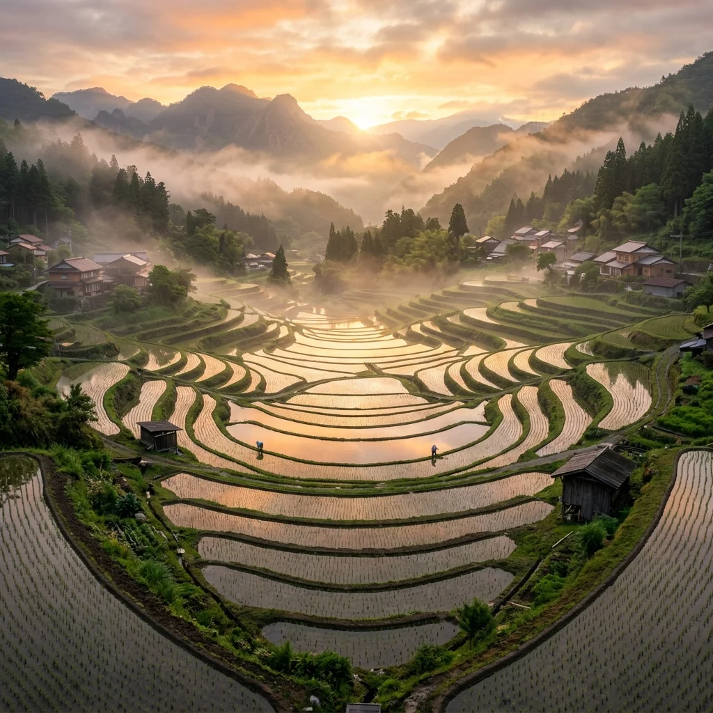 A breathtaking view of terraced flooded rice paddies reflecting a golden sunrise in a misty mountain village.