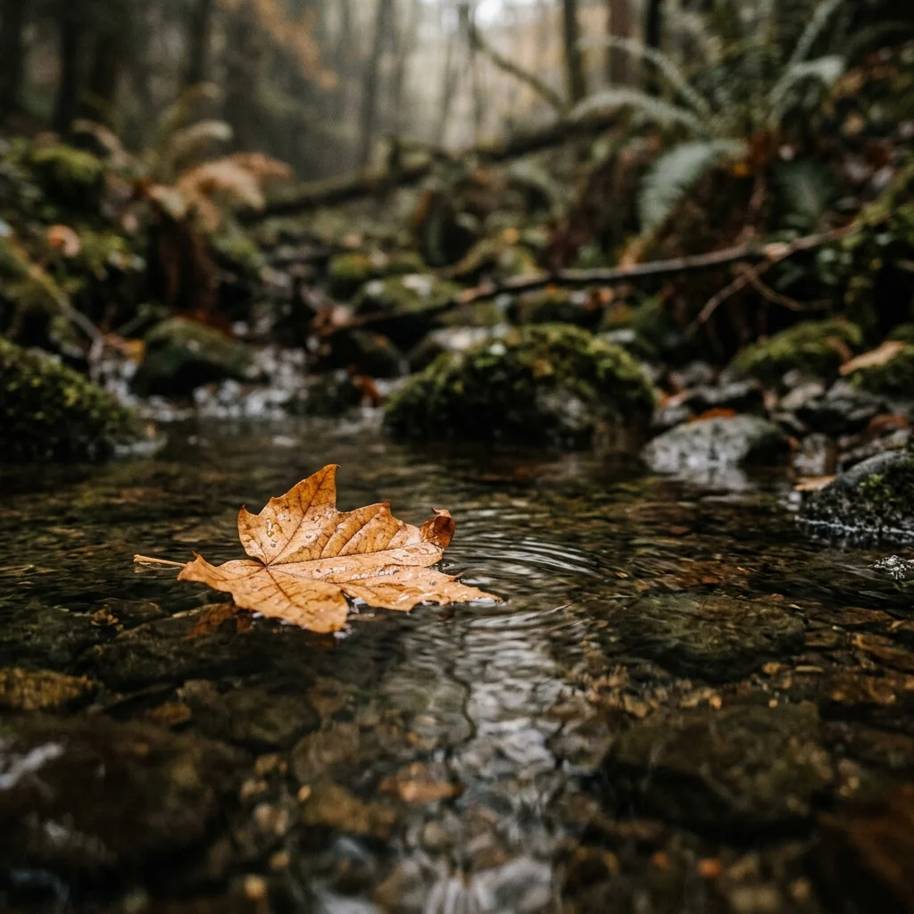 A single golden-brown autumn leaf floating gracefully on the surface of a slow-moving, crystal-clear forest stream.