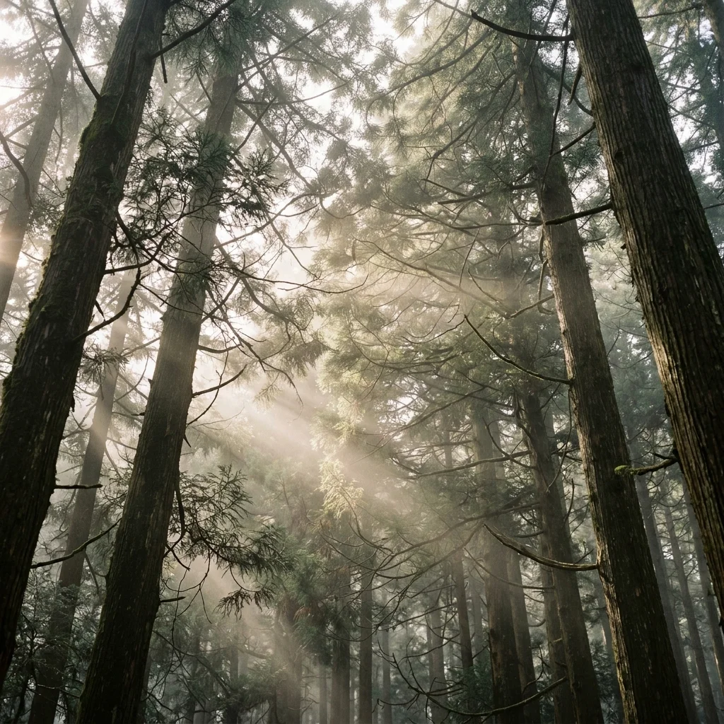 A tranquil canopy view of towering Hinoki cedar trees with sunbeams slicing through mist.