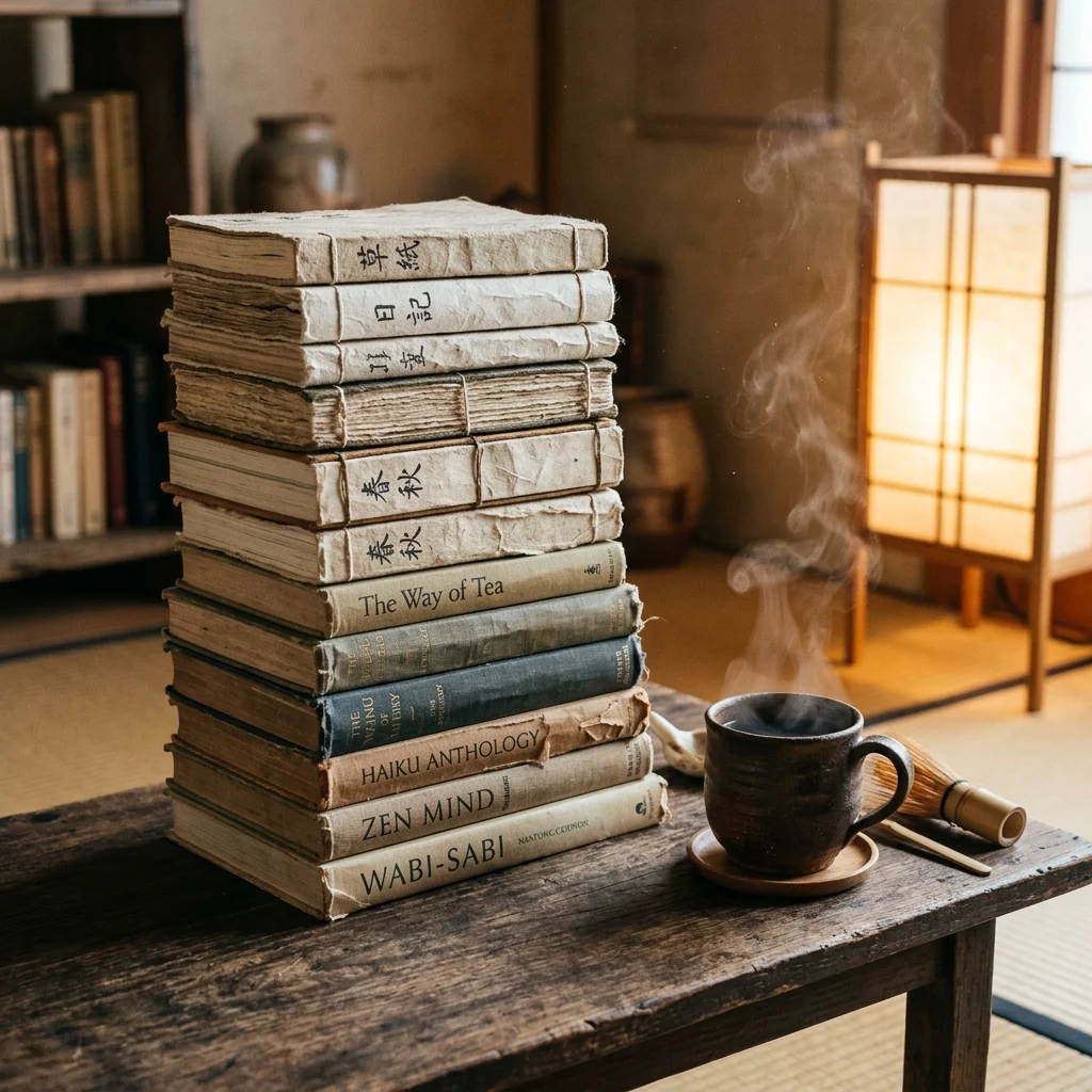 A tall, rustic stack of vintage hand-bound Japanese washi books next to a steaming dark clay teacup on a weathered wooden table.