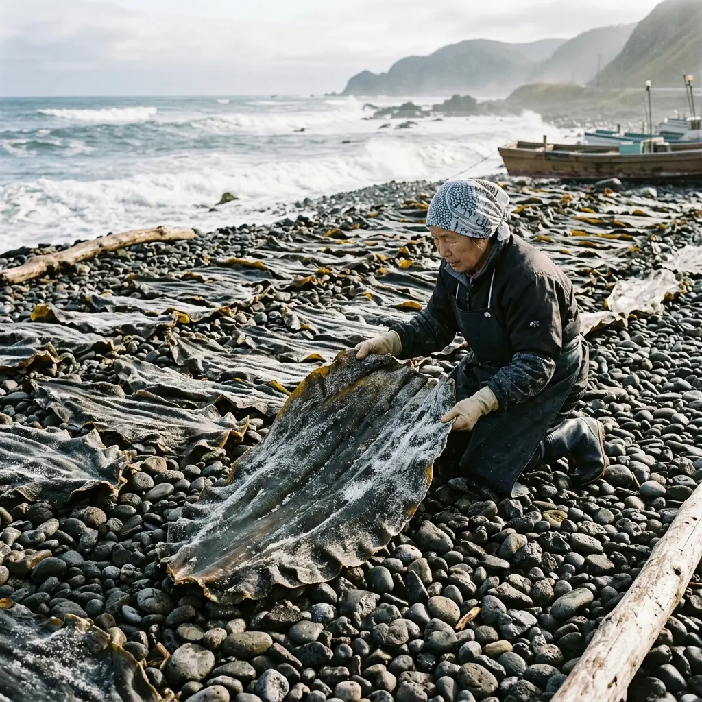 Sun-dried kombu kelp sheets being harvested on the coasts of Hokkaido, Japan.