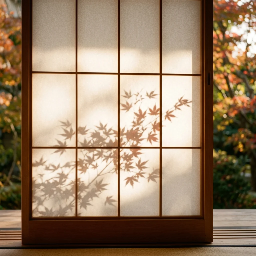 Warm afternoon sunset shadows of maple leaves cast elegantly onto a frosted sliding paper screen (shoji).