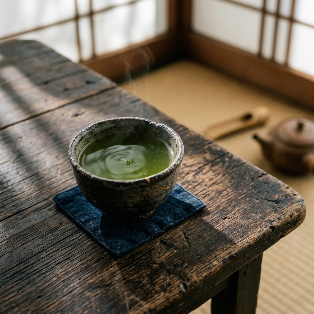A rustic kintsugi-repaired ceramic tea bowl resting on a weathered wooden table.