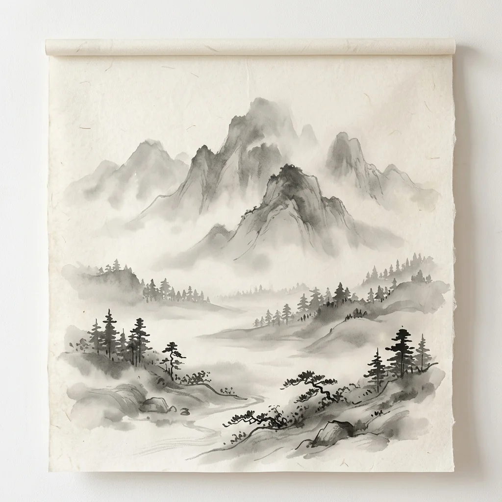 A minimalist landscape reminiscent of traditional Japanese Sumi-e ink wash painting.