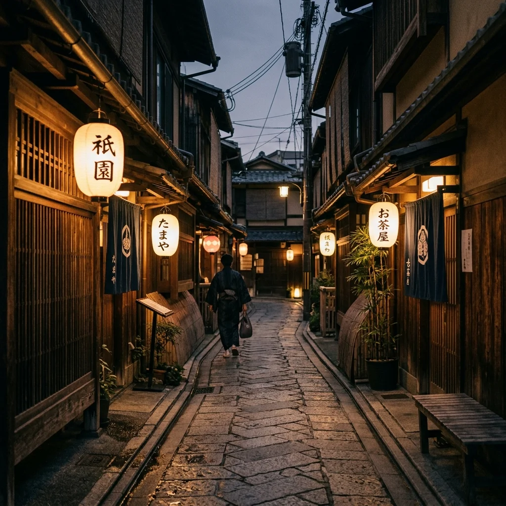 A quiet, misty evening scene in Kyoto's historic Gion district, showing beautiful wooden Machiya townhouses with glowing lanterns casting long shadows on the wet stone path.