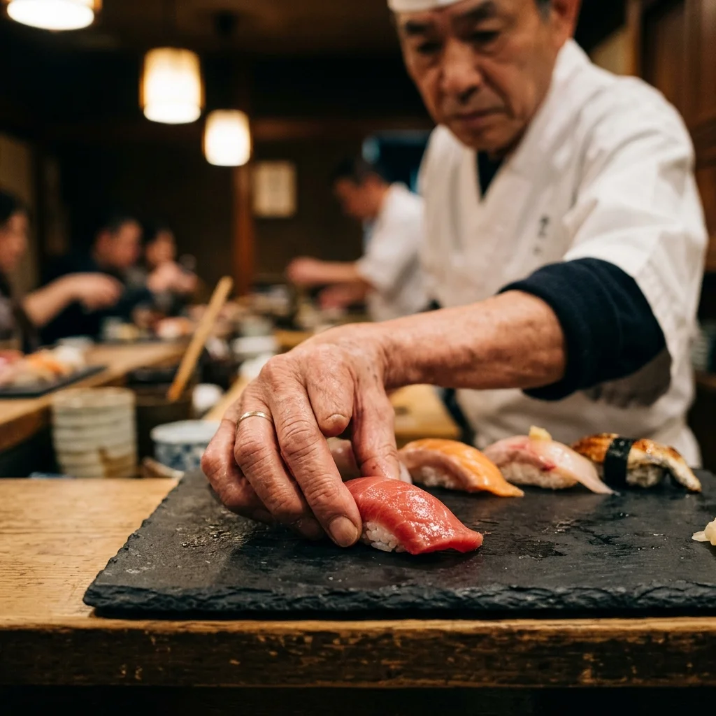 Close-up of a master sushi chef's hands gently patting a glistening piece of red tuna nigiri sushi resting on a textured black slate plate under warm low counter lighting.