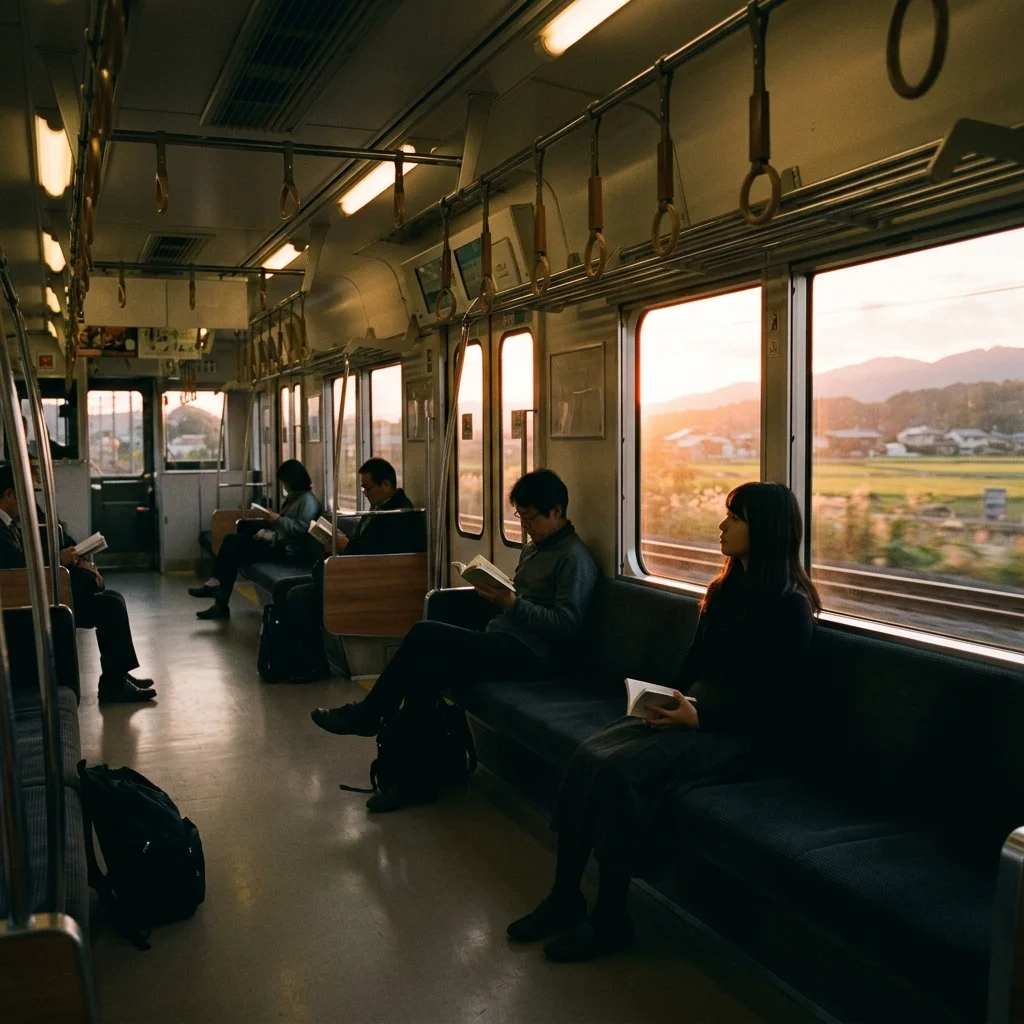 A quiet, modern Japanese commuter train carriage at sunset, with soft golden hour light streaming through large windows, casting long warm shadows on passengers reading or looking outside.