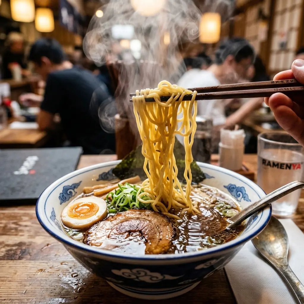 A steaming bowl of hot soy sauce ramen served in a traditional patterned ceramic bowl.