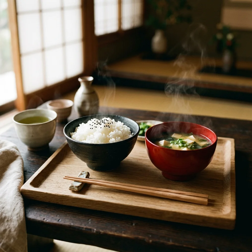 A steaming black ceramic bowl of white rice, red lacquer miso soup bowl, and cedar chopsticks resting on a wooden tray.