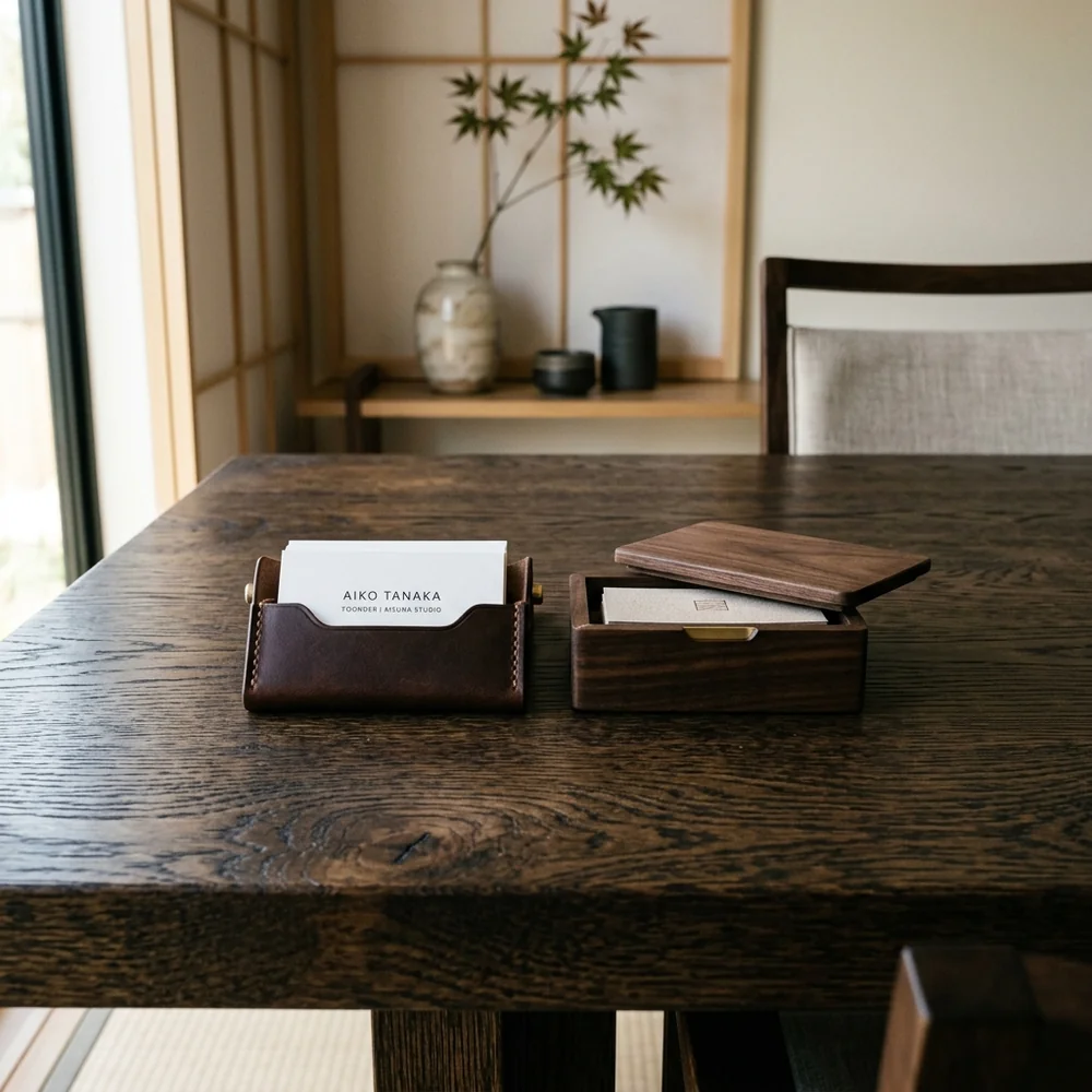Premium leather and wooden business card holders resting symmetrically on a heavily grained dark oak table.