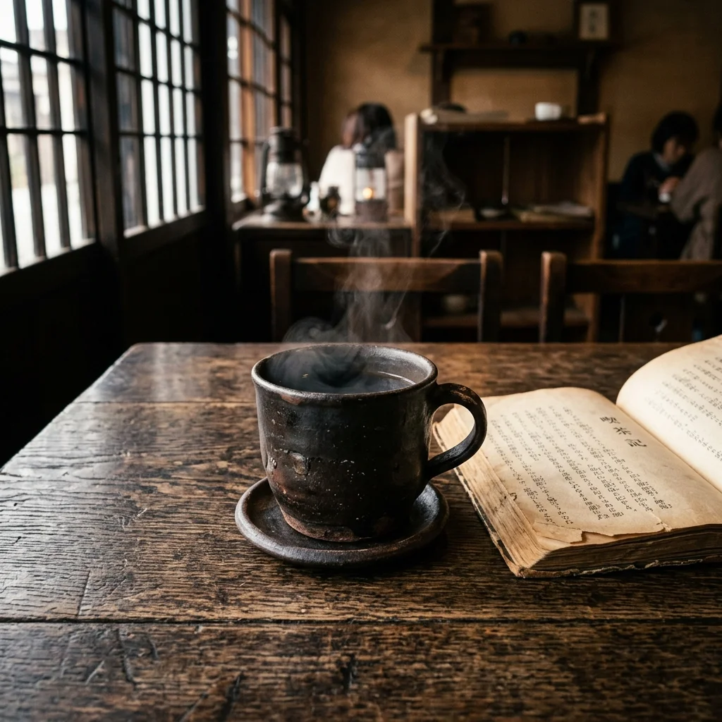 A steaming clay mug of hand-poured black coffee resting on a heavily grained dark oak table next to an open old book inside a dim, vintage Japanese Kissaten.