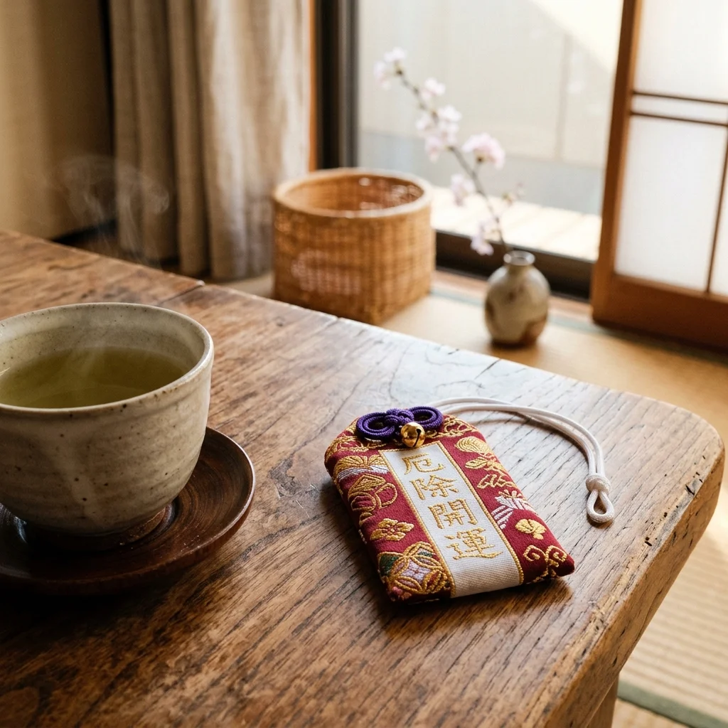 A hand-crafted red and gold silk Shinto Omamori amulet resting on a rustic polished cedar table next to a steaming ceramic cup of green tea.
