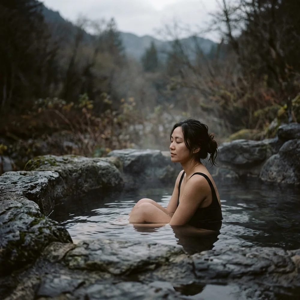 A silent bather submerged to their shoulders in a steaming open-air hot spring, with a small folded modesty towel on their head.