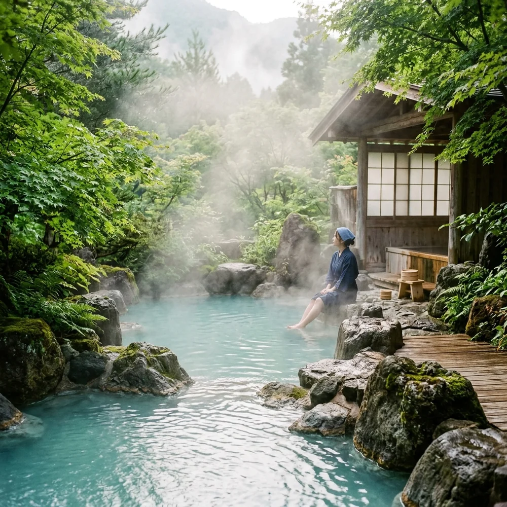 A steaming open-air hot spring with natural volcanic rocks and autumn maple branches reflecting on turquoise water.