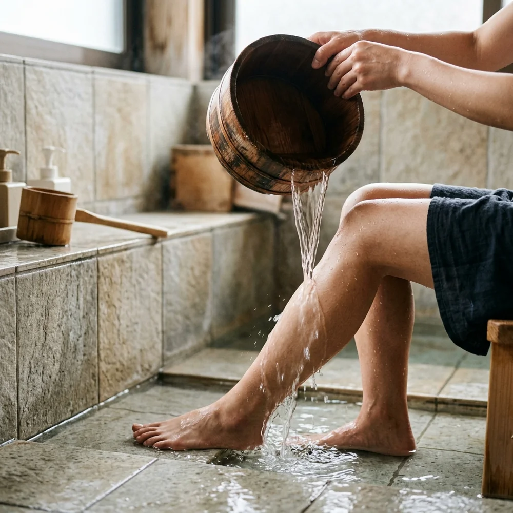 A bather seated on a low wooden stool pouring hot water from a cedar bucket over their shoulders in a systematic Kakeyu sequence.