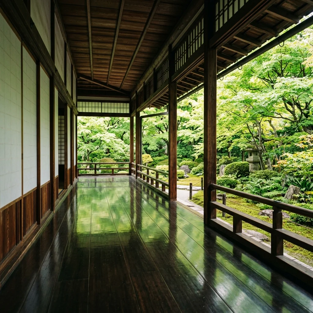 A quiet, highly polished dark wooden corridor of a Zen temple reflecting the lush green maple leaves of the garden outside.