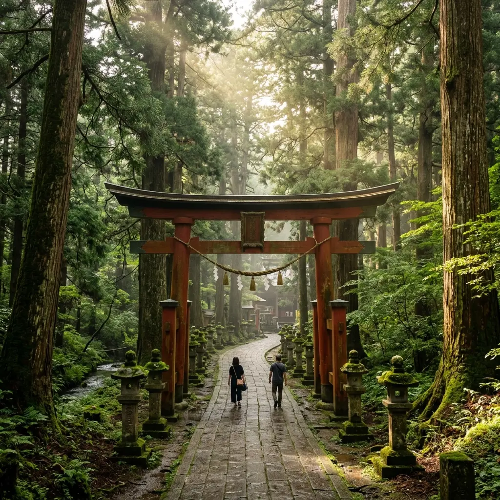 A vermilion-lacquered Torii gate of a Japanese Shinto shrine surrounded by green forest trees.