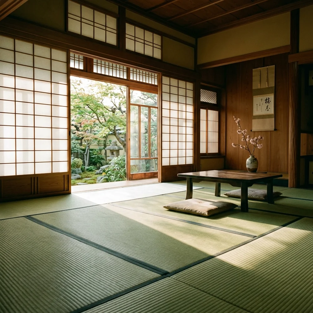 Cinematic photograph of a traditional Japanese tatami room with warm morning sunlight filtering through shoji screens casting grid shadows.