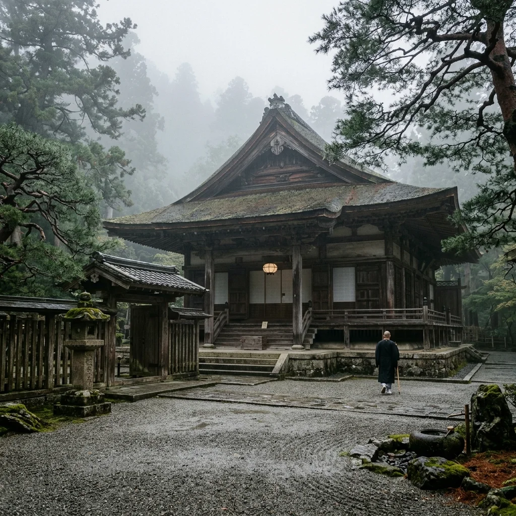 A majestic, weather-beaten dark cedar wood Zen temple hall surrounded by tall green pine trees and a meticulously raked white gravel courtyard.